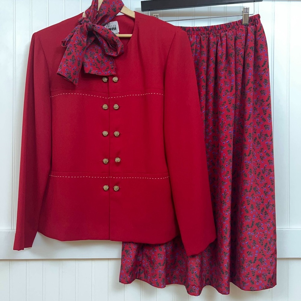Vtg Red Suit Set Cottagecore Prairie Blazer Floral Skirt Bow Retro Career Wmns S